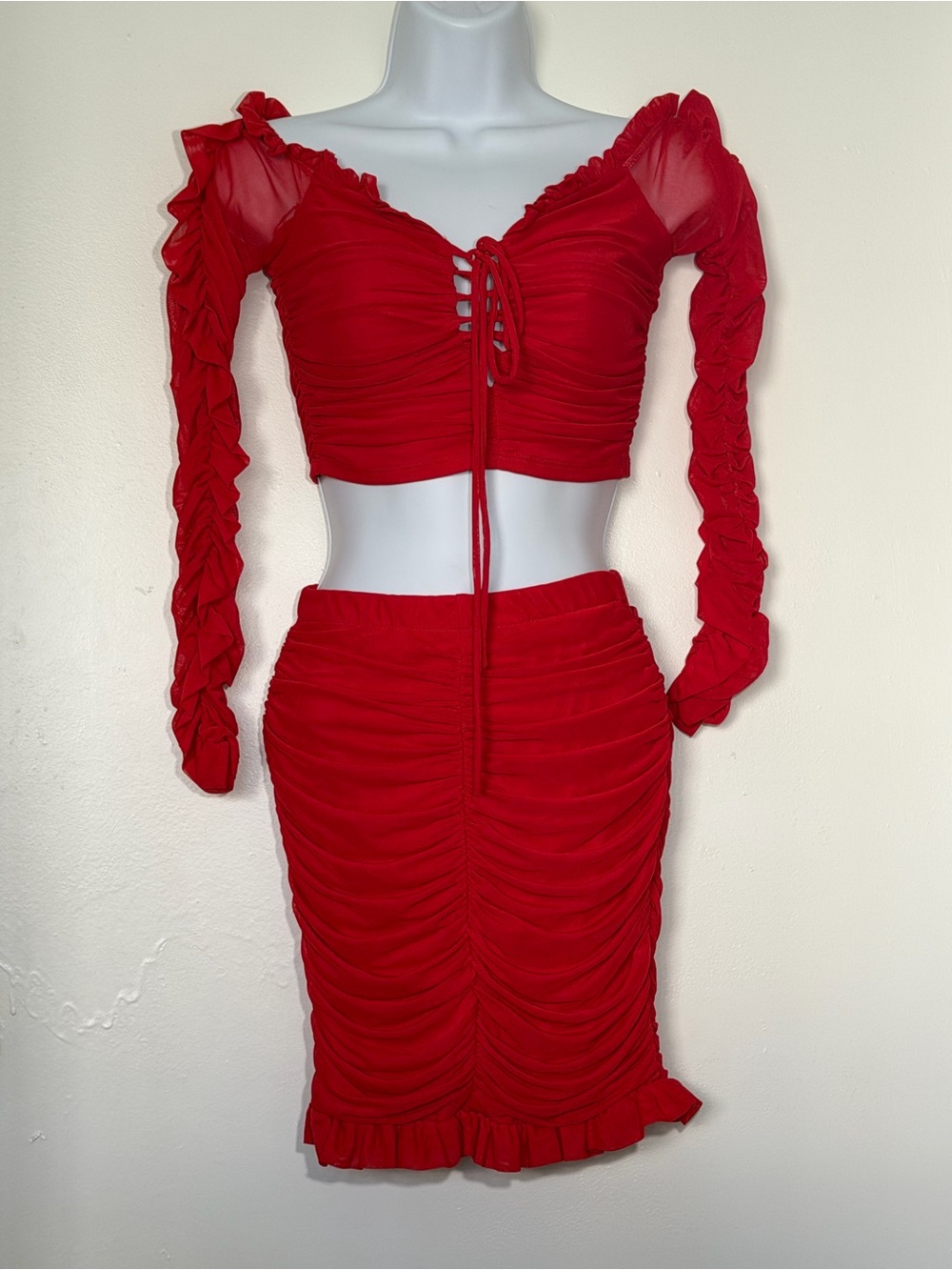 2 Piece Women’s Red Senorita Ruched Mesh Date Night Baddie Set Size M